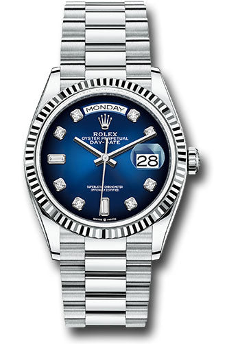 Rolex Day-Date 36 President White Gold Blue Baguette Dial