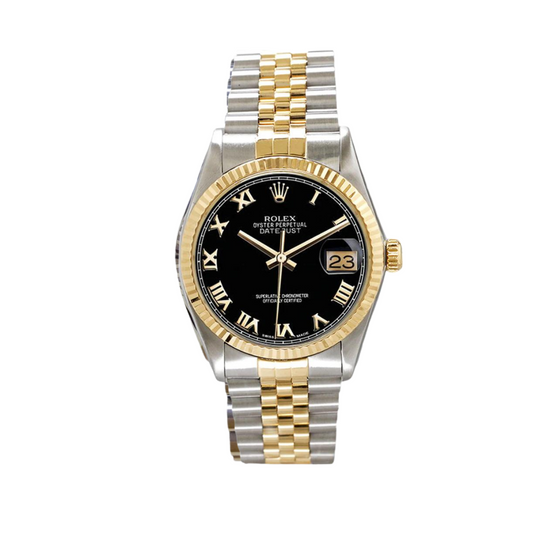 Rolex Men's Datejust Two Tone Flued Black Roman Dial