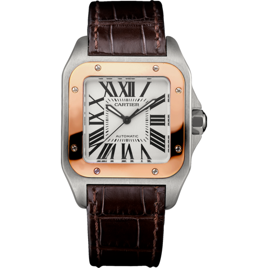 Cartier Santos 40mm Two Tone Brown Leather Strap  White Dial